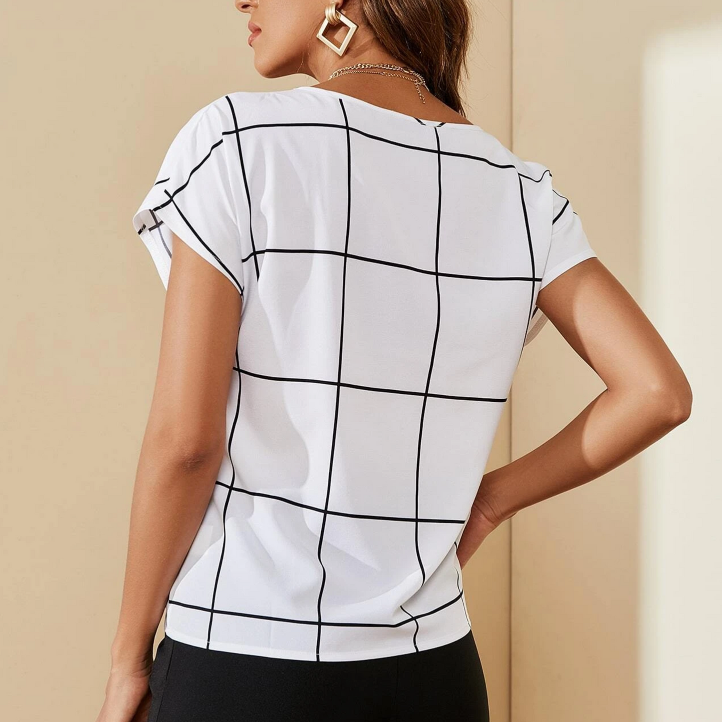 Blusa estampado de cuadros de cuello notch